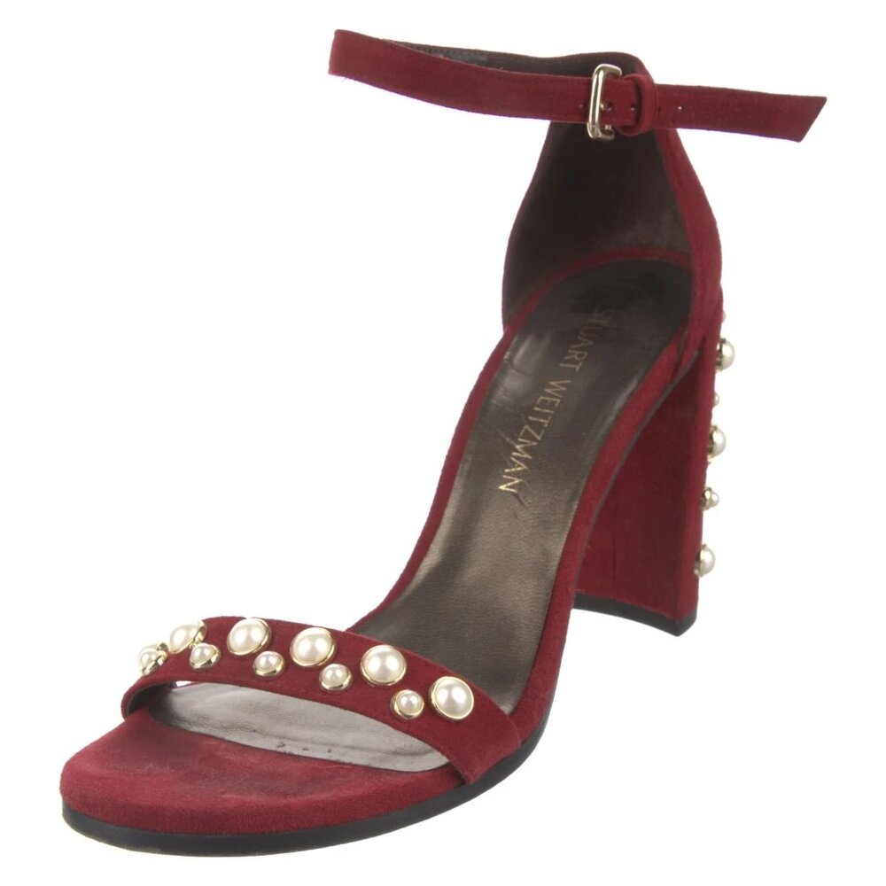Stuart Weitzman Allpearls Suede Block Heel Sandals — Size 9